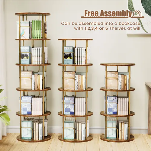 Flycity 3 Tier - 5 Tier Rotating Bookshelf Tower,360° Display Unique Round Bookcase, Floor Standing Corner Revolving Storage Organizer Furniture Wood Organizing Study Table Modern Wood Desk floating shelves bookshelf