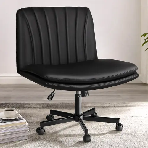 PUKAMI Ergonomic Swivel Criss Cross Chair with Wheels, Armless Adjustable PU Leather Wide Office Desk Chair for Home Office Vanity Use (White), Ergonomic Swivel Chair