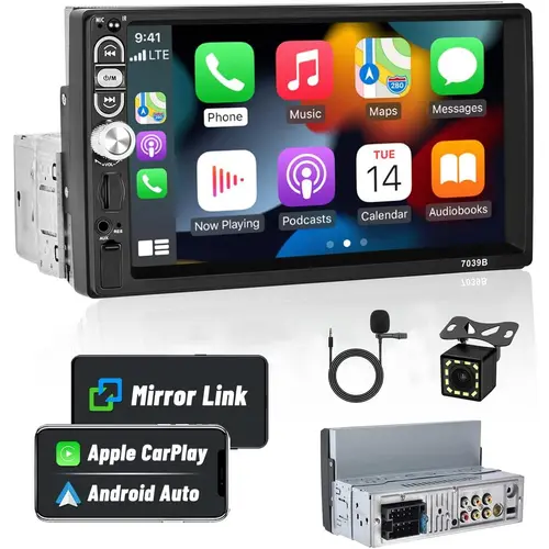Single Din 7 Inch Car Stereo with Carplay Android Auto Bluetooth 5.1 Touchscreen Car Audio Receiver with Mirror Link FM Radio SWC USB AUX TF Card and 12LED HD Backup Camera,SummerVibes