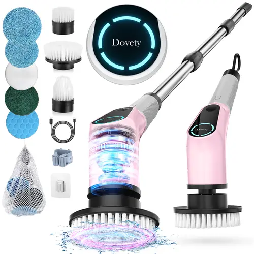 Dovety Cordless Handheld Electric Spin Scrubber - Powerful Extendable Cleaning Tool with 3-Adjustable Handle, 4 Replaceable Brush Heads, 2 Adjustable Speeds, Battery Display, Rechargeable for Family Household Items, Kitchen Household Products