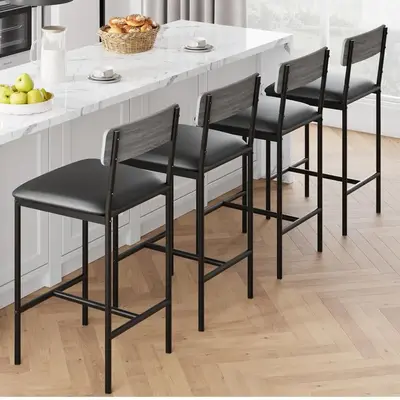 【GARVEE】 Set of 4 Industrial Bar Stools - 25.5" Upholstered Kitchen Counter Stools with Footrest & Back Support  Easy Assembly Design Sturdy Furniture Barstools for Kitchen Dining Home
