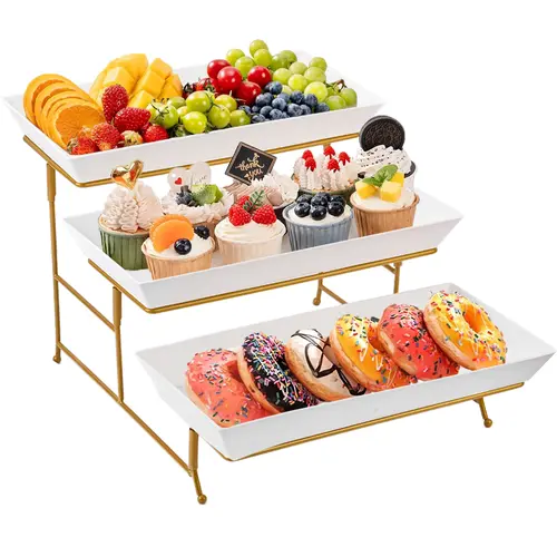 Sebastian CADIA Durable Gold Metal 3-Tier Plastic Dessert Stand - 1pc Cupcake Display Stand, Snack Tray Organiser, Dessert Table Display for Family Gathering, Wedding Kitchenware Tableware Shelf Racks