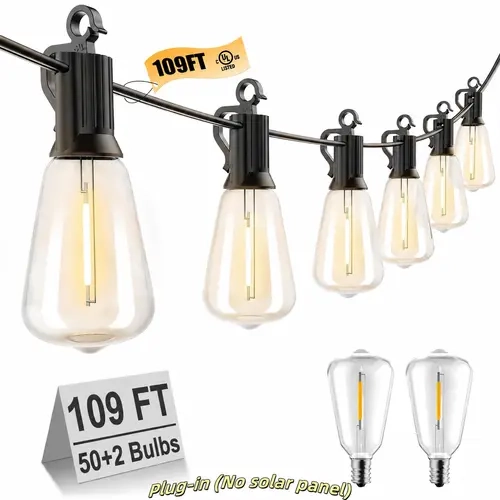 Brightown 109FT Safer LED Lighted String Lights - 50 Shatterproof ST38 Edison Bulbs, Dimmer-Compatible Rain-Proof Christmas Party Lights for Backyard Outdoor Use (Batteries Not Included)