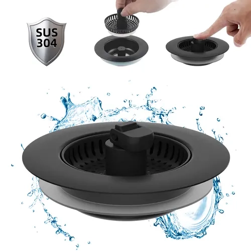 Hibbent 3-in-1: Fill, Strain, Seal Rust-Resist 304 Stainless Steel Kitchen Sink Strainer Stopper Combo - Responsive Spring Action, Pop-Up Handle, 2.76"-3.38" Width, Depth＞1.8", Anti-Clogging Filter for US Standard 3-1/2" Drains Kitchen Fixture Accessory