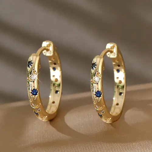 Vintage Star & Moon Decor Hoop Earrings, Fashionable Rhinestone Decorated Earrings for Women, Trendy All-match & Exquisite Jewelry for Birthday Gift, Statement Earrings, Fashion Accessory, Fashionable Jewelry Accessories, Ear Hoops