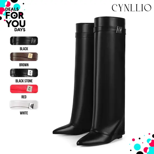 CYNLLIO Fold Over Knee High Boots for Women Wedge Heel Almond Toe Shark Boots Wide Calf Pull On Side Zipper Comfy Dating Outing Dress Summer Fall Fashion Boots