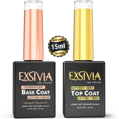 EXSIVIA Nail Gel Top Coat and Base Coat Strengthener, Vitamin E Infused High Endless Glossy Shine, No Wipe, Chip Resistant, Soak Off LED UV Lamp Base Coat Nails Gel Nail Polish