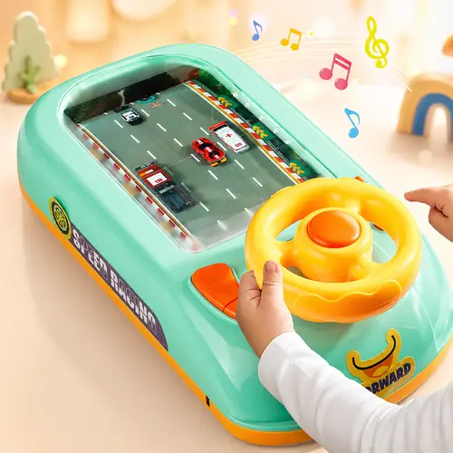 Kids Steering Wheel Toy, Interactive Simulated Driving Game with Moving Road Display, Multiple Speed Challenges, Music, Horn and Vehicle Sound Effects, Tabletop Pretend Play Gift for Boys and Girls