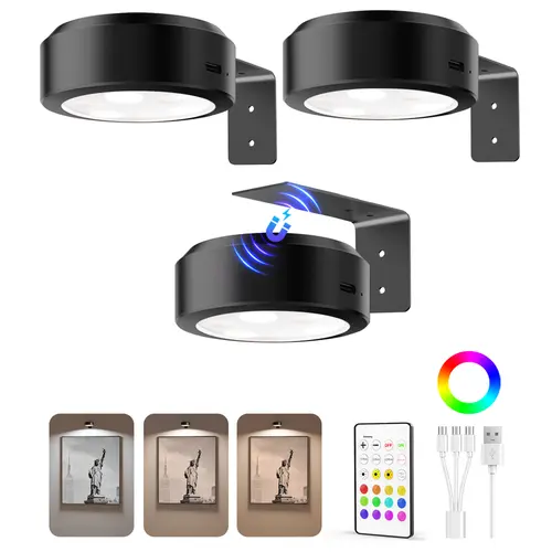 EZVALO Cordless Picture Light, 2000mAh Rechargeable Magnetic Wall Light with Remote, 14 RGB Colors & Timer & Dimmable LED, Renter-Friendly Art Display Lighting for Paintings Photos Frames Posters Mother's Day Gifts