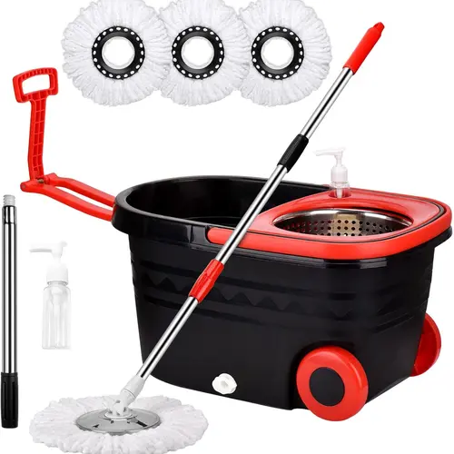 360 Easywring Microfiber Spin Mop & Bucket Set with 3 Refills, 60inch Adjustable Handle, Black Kitchen Mop for Effective Cleaning Lightweight Tool