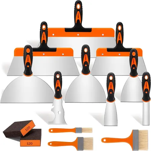 【BackToSchool】THINKWORK 14Pcs Stainless Steel Drywall Tool Set with 9 Putty Knives 3 Paint Brushes & 2 Sanding Sponges for Home Improvement Repair & Painting