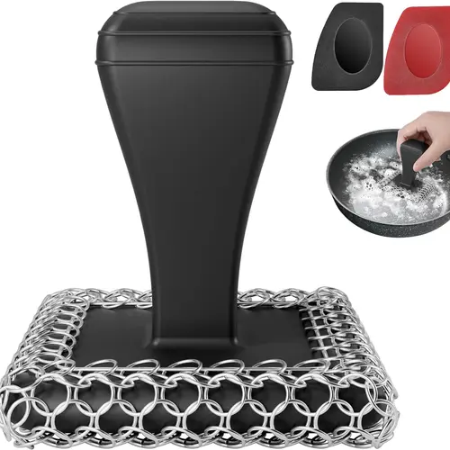 316L Chainmail Scrubber Cast Iron Scrubber & Cleaner Scraper Kit Stainless Steel Upgraded Handle for Cast Iron Pans, Dish Scrub Brush Scouring Pad