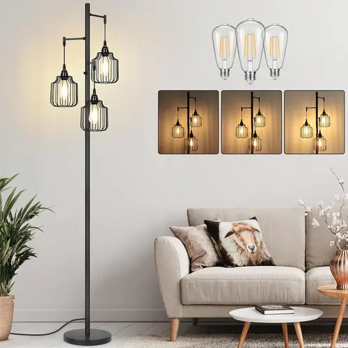 Dimmable Elevated Metal Floor Lamp with 3x800LM LED Edison Bulbs, Cage Base & Shade, Industrial Rustic Vintage Tree Pole Light for Living Room, Floor Lamp Decor, LED Lighting Solutions, Mood Lighting