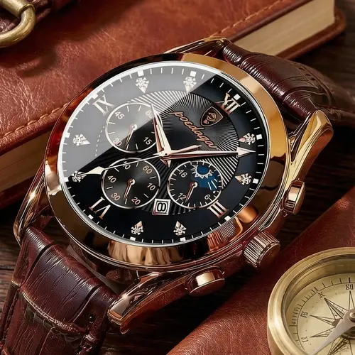 Classic Leather Men's Watch, Business Fashion Wristwatch with Strap, Luminous Hands, Calendar Function, Stainless Steel Case, Quartz Movement, Business Style Gift