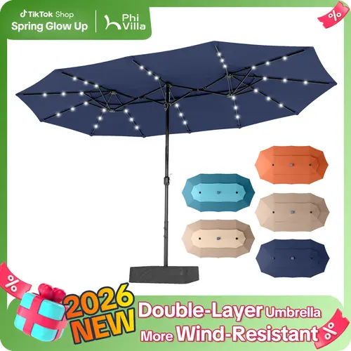 [2026 Upgrade] PHI VILLA 13/15FT Double Layer Patio Umbrella with 36 Solar LED Lights, Wind-Resistant Large Outdoor Rectangular Umbrella with Base,DealsForYouDays