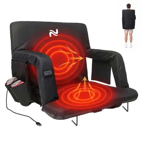 ABORON Adjustable Heated Stadium Bleacher Seat with Back & Arm Support, Portable 6 Reclining Positions, 2 Hooks & Strap for Steady Placement, Secure Strap to Prevent Tipping, Outdoor Camping Sports Event Use, 2 Hooks And Strap Keep Seat Steady