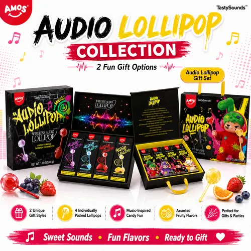 AMOS TastySounds Audio Lollipop Gift Set, 4 Individually Packed Fruity Lollipops, Music-Inspired Candy Fun, Ready-to-Gift Box for Kids Parties