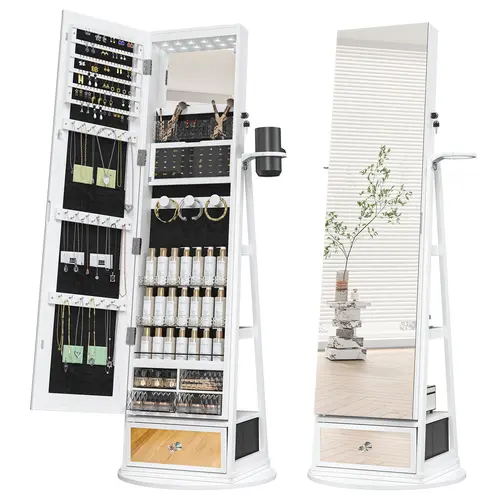 LHBCRAFT 360° Swivel Jewelry Cabinet with LED Light, mirror cabinet, jewelry armoire, Mirror with Storage, Standing Jewelry Armoire Organizer gift idea