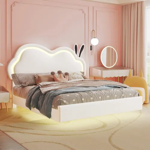 AMERLIFE Floating Bed Frame with Adjustable LED Headboard, Cute Leather Upholstered Platform Bed Frame with Wood Slats Support, Easy Assembly/Best Gift Ideas/Christmas Gifts[tiktokshopbacktoschool][SohoChic]
