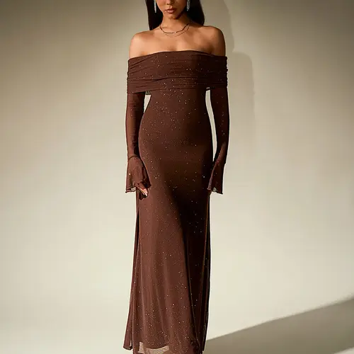Parthea Women's Off The Shoulder Ruched Contrast Sequin Bodycon Dress, Elegant Long Sleeve Backless Evening Party Gown, Ladies Spring & Fall Clothes, Glitter Ruched Dress