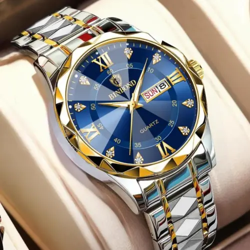 Men's Business Watch, 30m Waterproof Stainless Steel Wristwatch, Quartz, Rhinestone Embellished Watch, Rhinestone Dial, Luminous Hands, Calendar Date Function, Case, Luminous Analog Watch