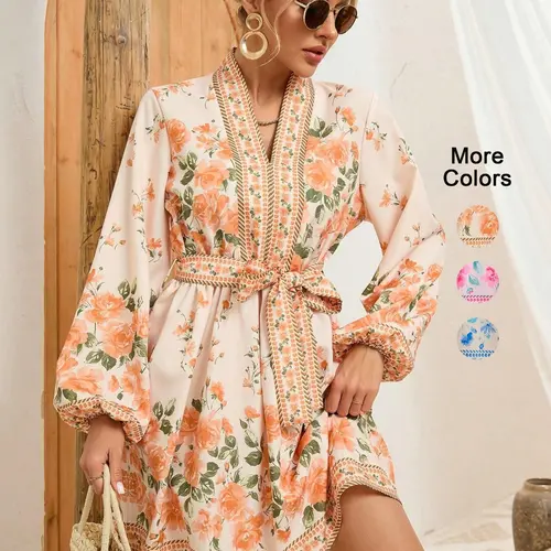 Elegant Floral Print Long Sleeve Fitted Dress with Belted Waist, Lantern Balloon Sleeves Short Dress for Fall, Winter & Spring Parties Womenswear, Bohemian Boho, Floral Prints Dress