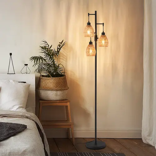DEMILARE 70" Tall Boho Rattan Lampshade Corded Floor Lamp - 3x9W 900LM LEDs, Adjustable Brightness, Pedal Switch, Ambient Glow, Modern Indoor Light, Aesthetic Home Decor, CFI, Holidays, Bedroom & Living Room Use