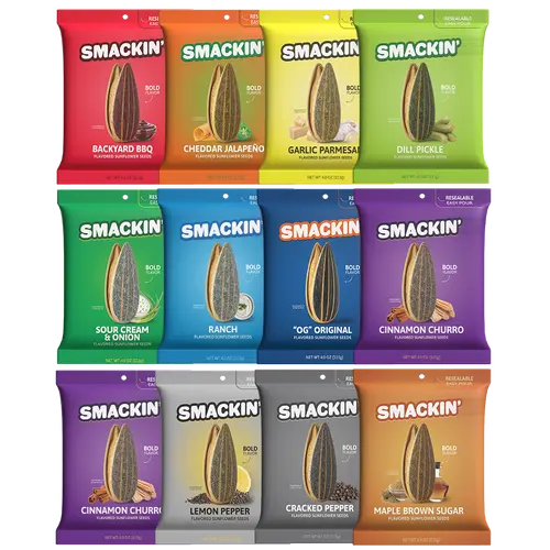 SMACKIN' Sunflower Seed Variety Pack - 12 Resealable 4 OZ Bags - 11 Flavors, Bold Flavor, No Salty Burn