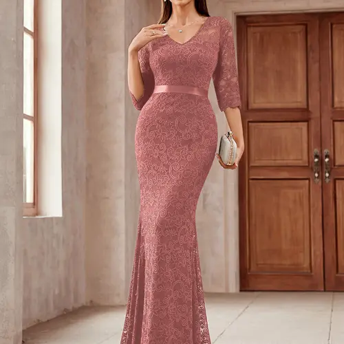 Miusol Women's Elegant Wedding Gown - Classy V-Neck Full Lace 3/4-Sleeve Full-Length Formal Dress, Cinnamon Pink Lace-Trimmed Evening Dress for Summer Weddings, Graduations, Elegant Wedding Dress