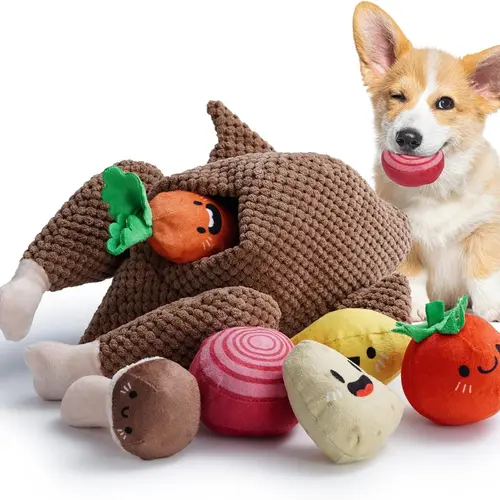 Nocciola 7-in-1 Fabric Thanksgiving Turkey Puzzle - 6 Squeaky Veggie Plush (Potatoes, Mushrooms, Squeakers) with Animal Print, Interactive Enrichment for All Dog Breeds