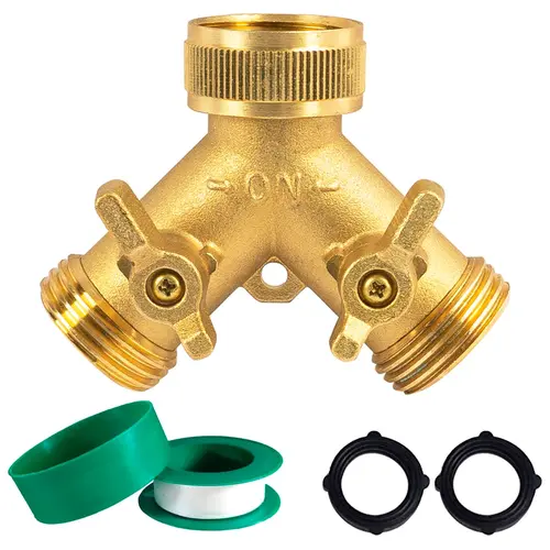 Hourleey Brass Garden Hose Splitter (2 Way), Solid Brass Hose Y Splitter 2 Valves with 2 Extra Rubber Washers (Brass), Hose Splitting, Us 3/4" Hoses
