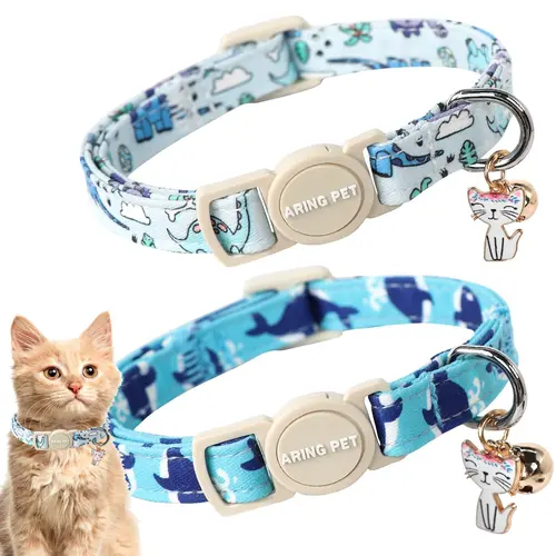 Cat 2-Pack Cotton Adjustable Detachable Breakaway Collars - 2/5" Width, Quick-Release Buckle, Bell Alerts, Fancy Patterns, Pendant, Fancy Pet Accessories for Daily Wear, Photo Shoot (For Boys, Wedding Party)