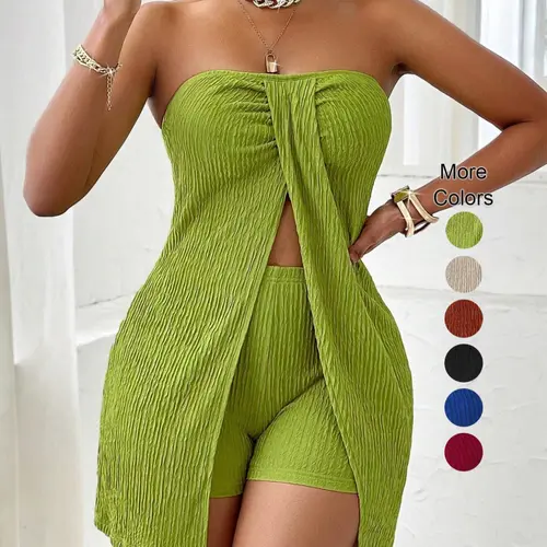 Women's Textured Fabric Twist Front Split Top and Shorts Set Outfit, Spaghetti Strap Sleeveless Two-Piece, Slim-Fit Casual Chic Wear