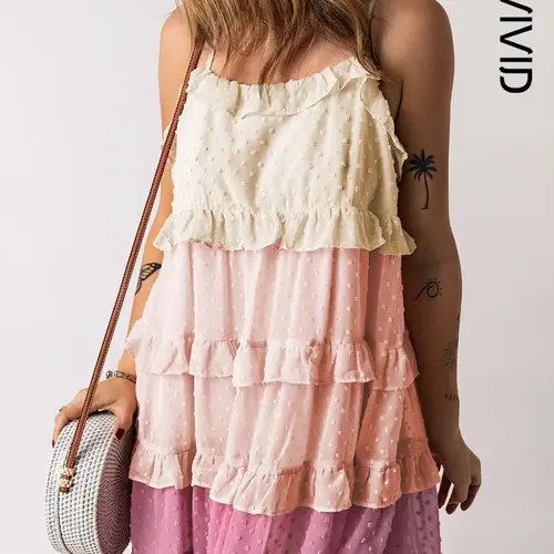 Women's Colorblock Swiss Dot Ruffled Trim Tie Back Cami Dress, Boho Fashion Cute Elegant Casual Spaghetti Strap Sleeveless Backless Short Dress for Summer Beach Holiday Vacation, Boho Casual Comfy Casual Summer Dresses