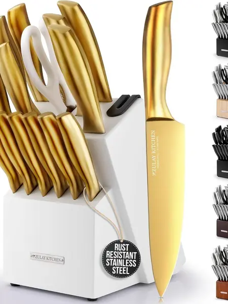 Zulay Stainless Steel Knife Set with Block & Built-In Sharpener - Rust-Proof Kitchen Knives, Durable Design Best for Chopping