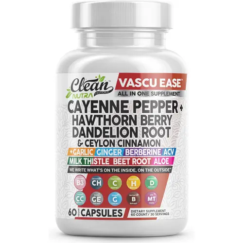 Clean Nutra Cayenne Pepper, Hawthorn Berry, Dandelion Root, Ceylon Cinnamon, Garlic, Ginger, Berberine, ACV, Milk Thistle & More for Wellness Capsules – Vascu Ease