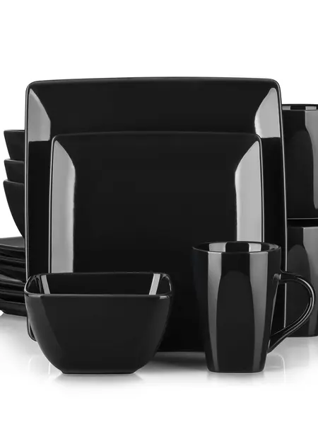 vancasso Soho Stoneware Square Dinner Set, 16 Piece Black/White Dinnerware Service Set, Kitchen Plate Crockery Set with Dinner Plate, Dessert Plate, Bowls and Mug, Service for 4