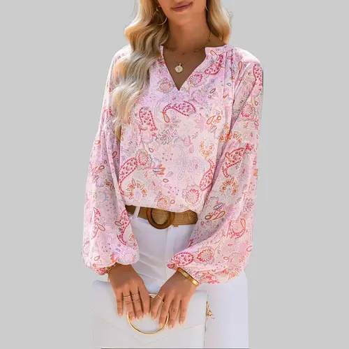 Shewin Women's Bohemian Floral Print Blouse - Elegant V-Neck Ruffled Bell Long Sleeve Top, Lightweight Drop Shoulder Breathable Shirt, Sexy Flower Patches Casual Elegant Top for Office OOTD Going Out, Chiffon Fabric