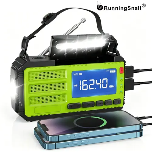 10000mAh Solar Powered Rechargeable Emergency Radio - Hand Crank Portable Handheld Radio with AM/FM/NOAA Audio, LCD Display, Flashlight, Reading Lamp, Compass, Wired USB for Hurricane Prep, Outdoor Survival