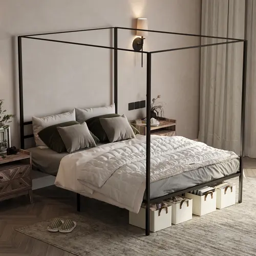 YITAHOME Canopy Bed Frame Metal Four Posters 14 Inch Platform with Built-in Headboard Strong Metal Slat Mattress Support, No Box Spring Needed