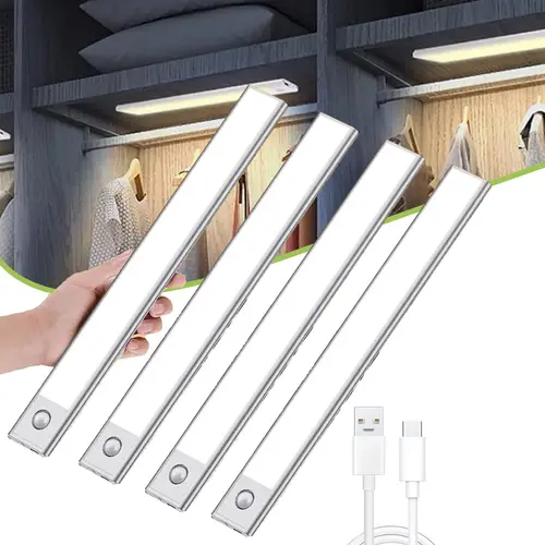 Magnetic LED under cabinet sensor lights, made of metal, powered by rechargeable batteries, 3 adjustable brightness levels, with motion sensor and button control, suitable for kitchens, wardrobes, stairs, wine cabinets, etc., long-lasting large battery