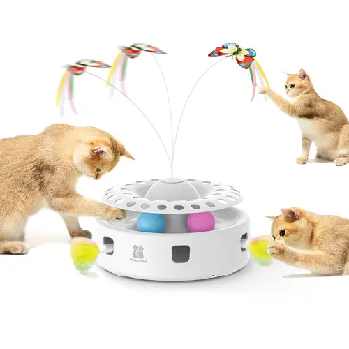 Potaroma Automatic Cat Toys 3-in-1 Interactive Kitten Toy, Fluttering Butterfly, Random Moving Ambush Feather, Track Balls, Dual Power Supplies, USB Powered, Indoor Exercise Cat Kicker