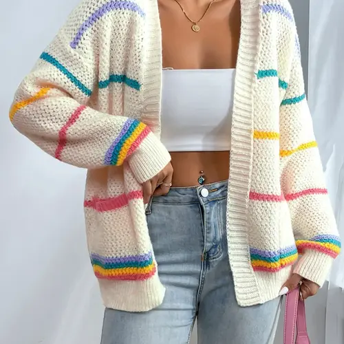 Women's Striped Open-Front Cardigan, Casual Drop-Shoulder Long-Sleeve Pocket Knitwear Fit for Fall and Winter Daily Wear
