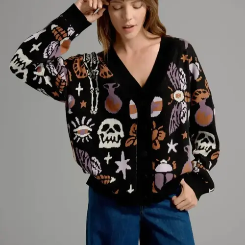 Women's Halloween Themed All Over Hybrid Skull Knit Button Front Cardigan, Casual Drop Shoulder Long Sleeve V Neck Knitwear for Fall, Fashion Ladies' Knit Clothing for Daily Wear, Womenswear, Button Cardigans