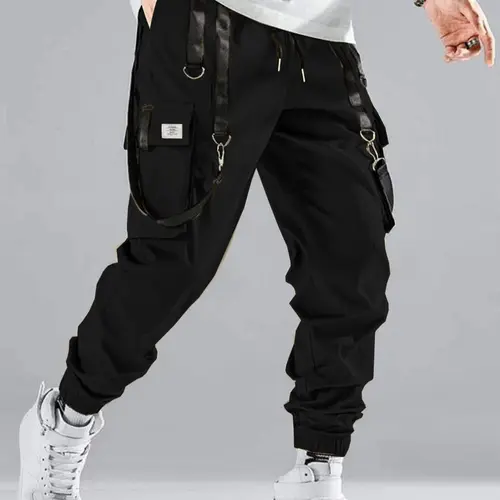 Men's Solid Patched Drawstring Waist Cargo Pants, Regular Fit Casual High Rise Tape Buckle Pocket Trousers Casual Cargo Style for Daily Wear, Fashion Men's Bottoms for All Seasons, Fabric