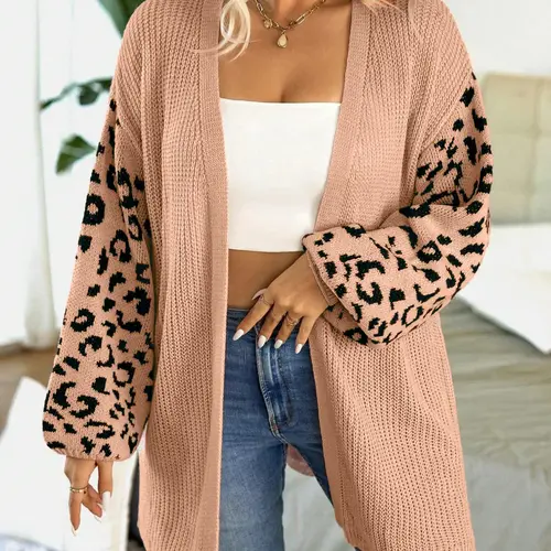 Plus Size Leopard Print Drop Shoulder Split Hem Fitted Longline Fashion Cardigan, Casual Long Sleeve Open Front Knitwear for Spring & Fall, Gift Set, Gift Ready for Women, for Daily Wear & Christmas