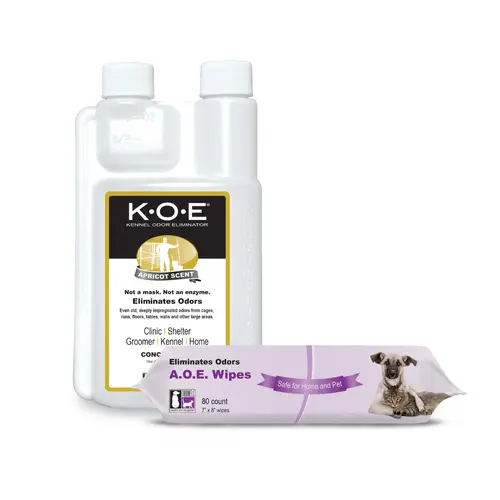 Pet Care Kit with Wipes (2 Piece) A.O.E. 80ct Wipes and K.O.E. - Bundle for Deodorizing Pets (Apricot, Frost, Fresh, Original) 16oz Concentrate