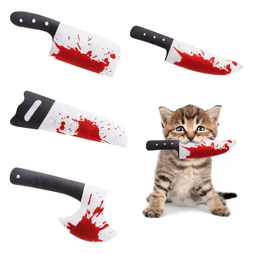 Potaroma 4Pcs Cat Chew Toys Catnip Crinkly Sound Toy, Horror Halloween Knife-Shaped Kitten Bite Kicker Toys, Indoor Exercise 7.5 Inches for All Breeds #sohochic