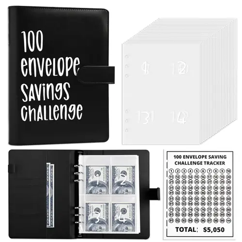 【CLOUDSEA】100 Envelopes Money Saving Challenge - A5 Money Saver Budget Binder Book with Cash Envelopes and Numbers, 100-Days of Easy and Funny Ways to Save $5,050 Cash Envelope Challenge Binder, Black
