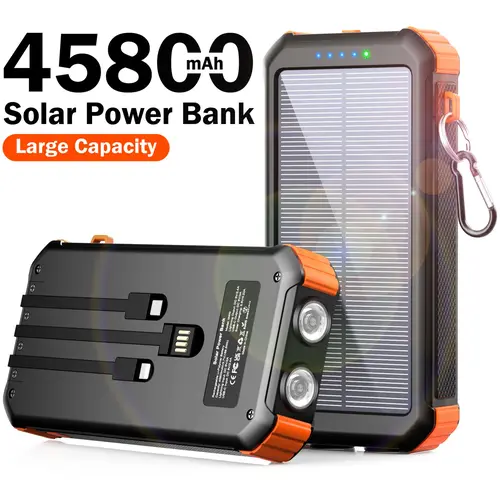 45800mAh Solar Power Bank, Built in 3 Cables Portable Phone Charger with USB C, 5V3.1A QC 3.0 Fast Charging, Compatible with iPhone, Samsung, Google, Apple, and More Smartphone
